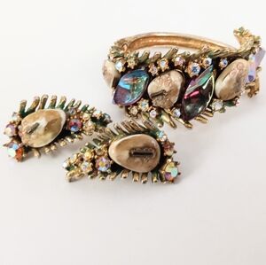 Vintage HAR Green Washed Dragon Tooth Bracelet Earrings Set Rare Collectors Set